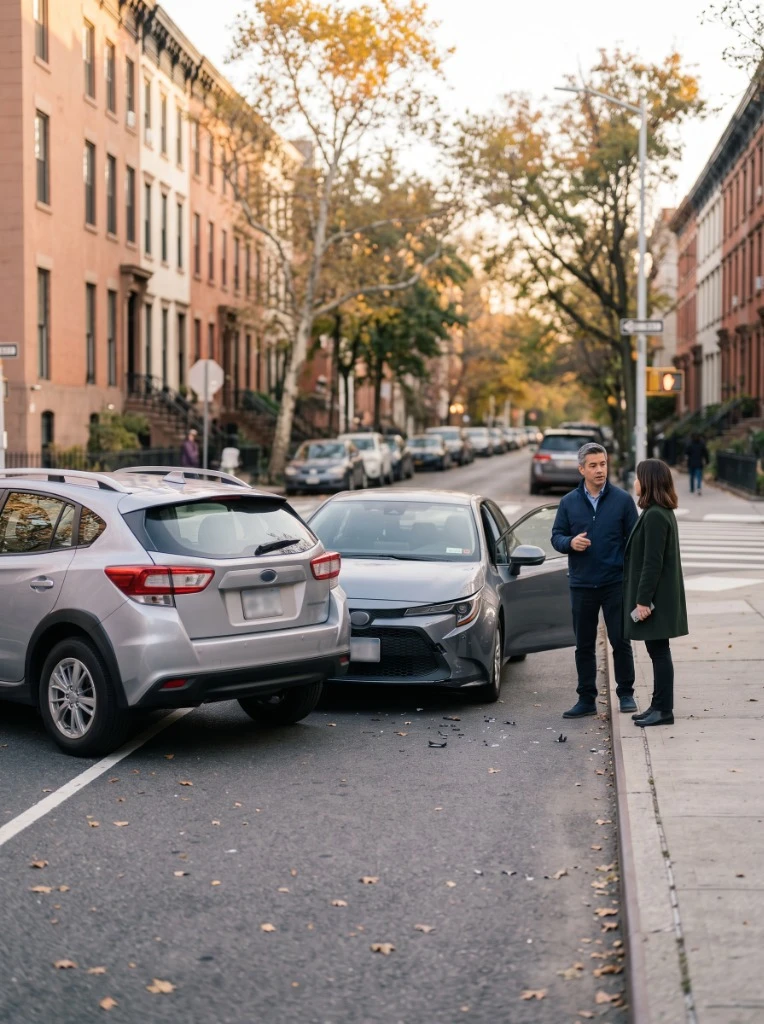 Two drivers speaking on sidewalk after a motor vehicle accident on a city street