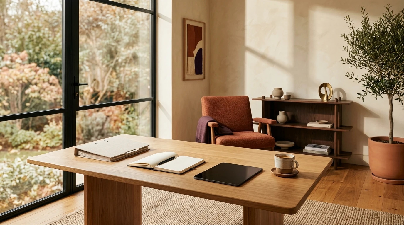 Sunlit architectural consultation room with organized legal records, tablet, and notebook